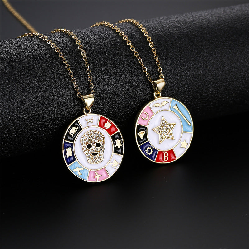 Streetwear Gold Plated Brass Drip Oil Round Star Skull Pendant Necklace with Cable Chain
