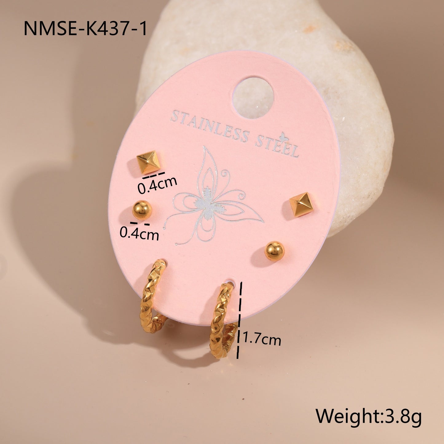 Orecchini a perno geometrici in acciaio inossidabile da donna, set da tre con intarsi di strass