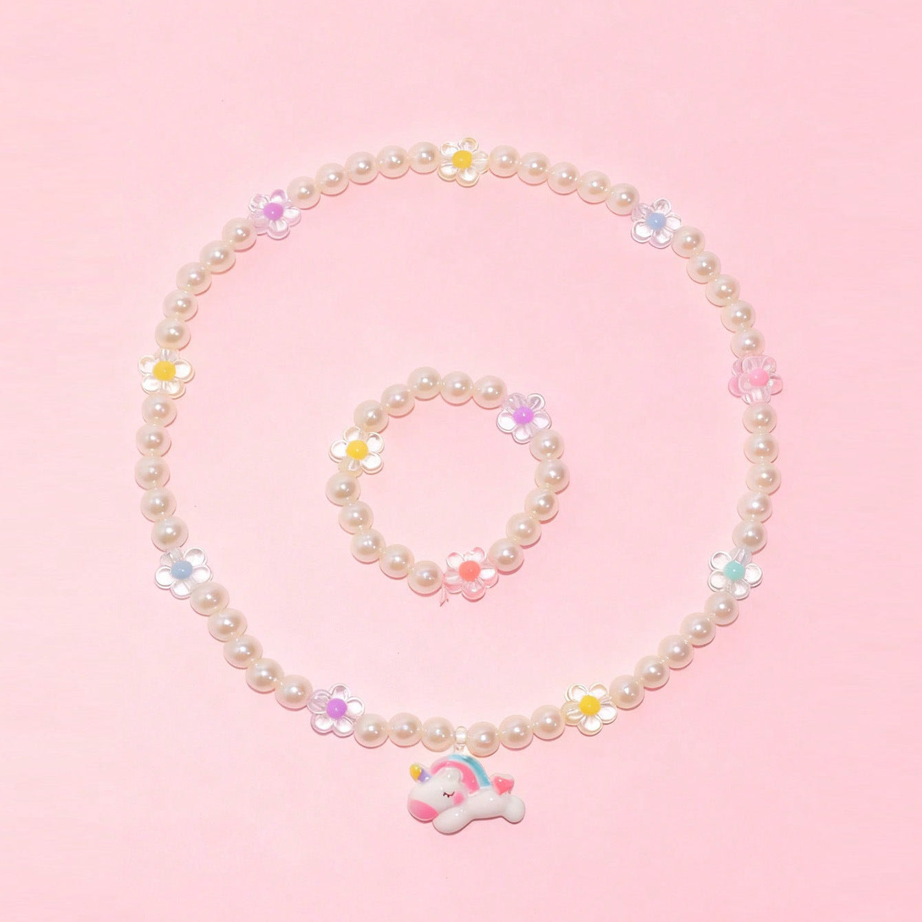 Cartoon Unicorn Resin Necklace for Girls with Round Bead Chain Adjustable Length Princess Style Children's Jewelry Set