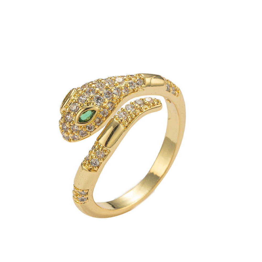 Anello di lusso regolabile a forma di serpente in rame placcato oro con zirconi micro-pavé, unisex