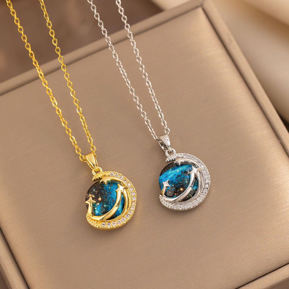 Collar de lujo de planeta geométrico para mujer, chapado en acero titanio con circonita micropavé, cadena de clavícula de cielo estrellado azul