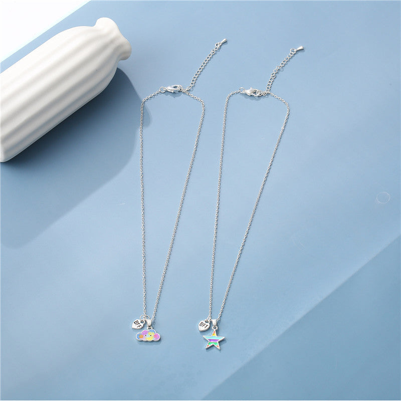 Collar de aleación de nube y estrella de dibujos animados para niños con acabado esmaltado, colgante de la amistad BFF en cadena cruzada