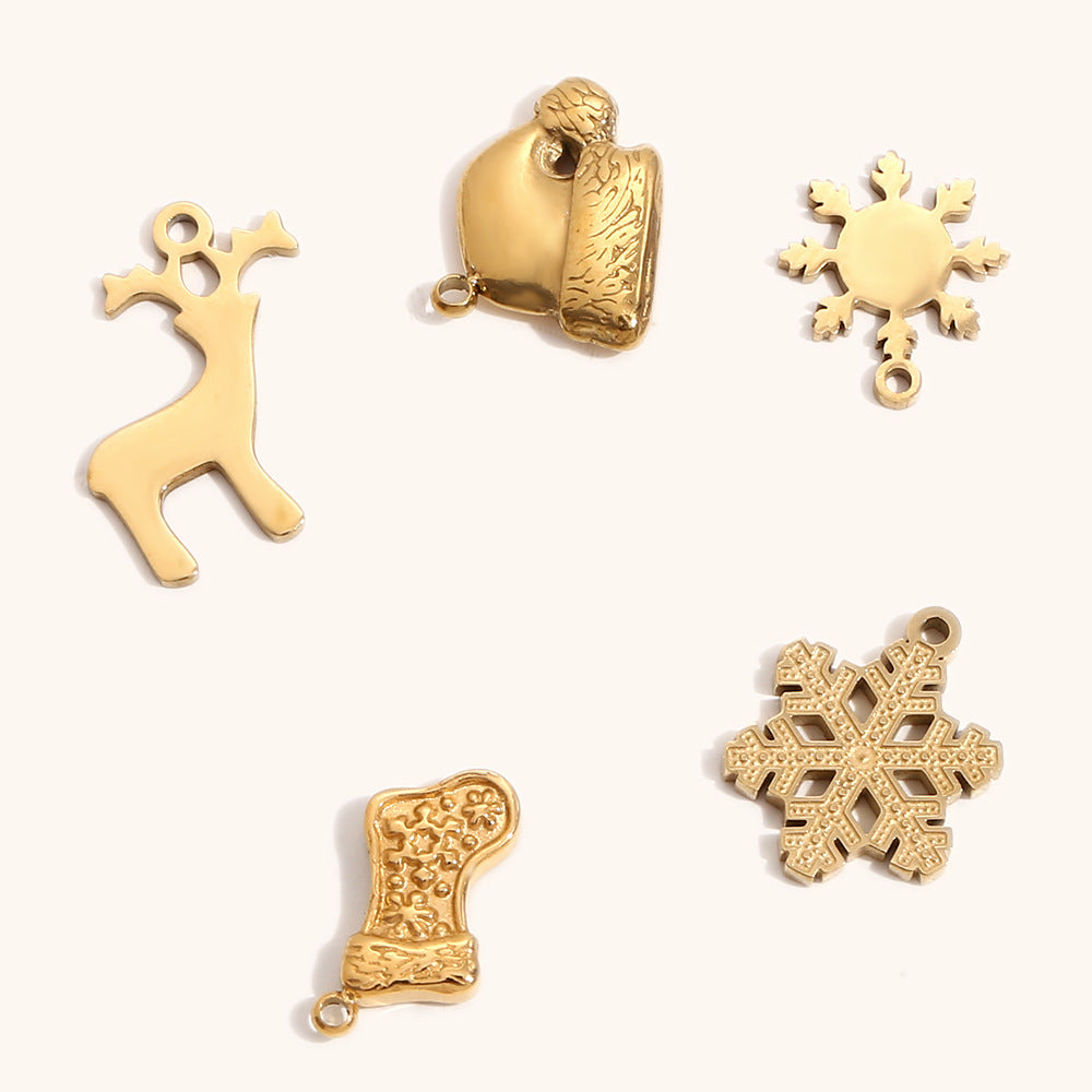 Ciondolo a tema natalizio con alce e fiocco di neve in acciaio inossidabile con placcatura in oro 14K da donna, accessorio festivo per le vacanze