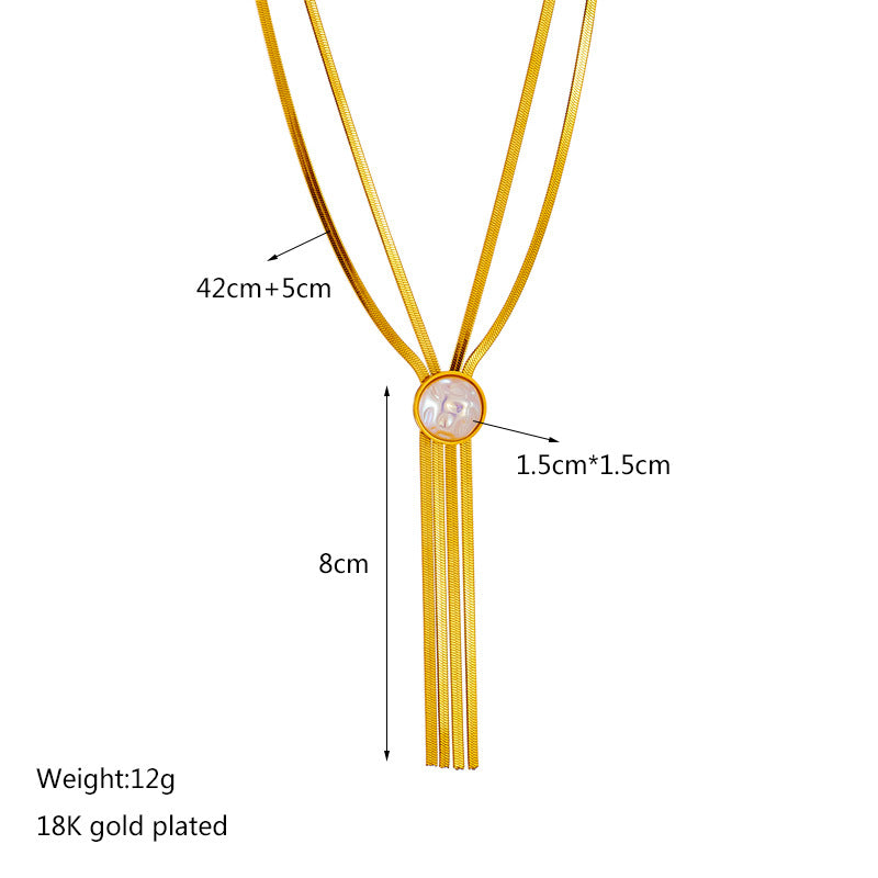 Elegant Minimalist Round Pearl Pendant Multi-Layer Titanium Steel Snake Chain Necklace with Fringe Detail for Women