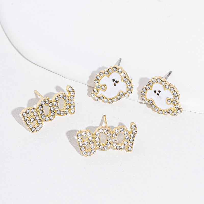 Orecchini Eleganti a Mostro Cartone Animato con Finitura Smaltata e Strass per Donna, Design Zucca di Halloween e Maschera da Strega