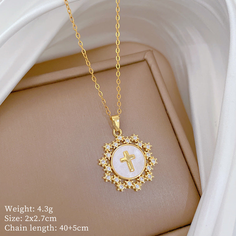 Sweet Minimalist Cross Micro-Inlaid Cubic Zirconia Brass Pendant Titanium Steel Necklace for Unisex
