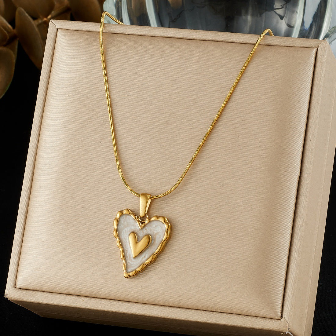 Vintage Gold Plated Drip Oil Heart Stainless Steel Snake Chain Necklace for Women