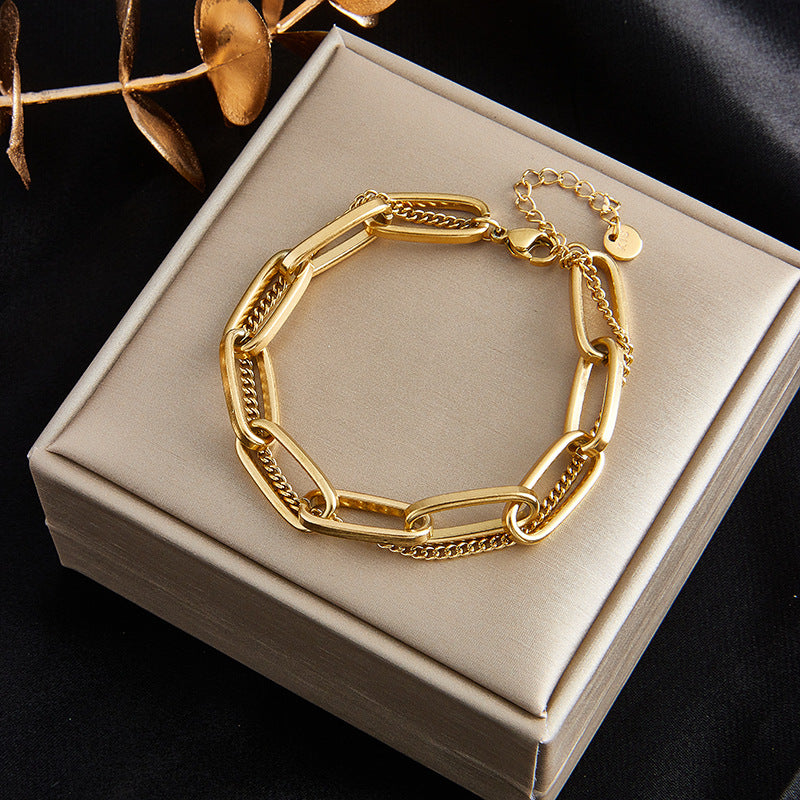 Minimalist Vintage-Inspired Stainless Steel Plated Double-Layer Stackable Bracelet for Women