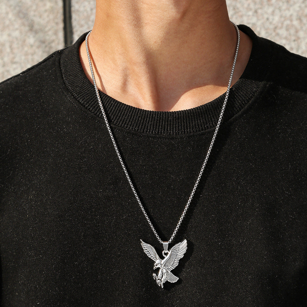 Streetwear Hip-hop Minimalist Eagle Animal Zinc Alloy Plated Pendant Stainless Steel Box Chain Necklace for Unisex