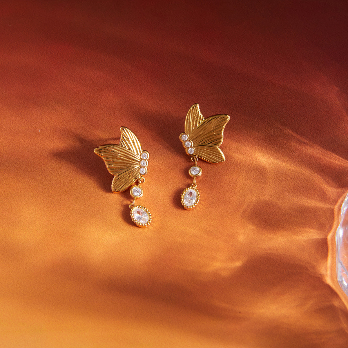 Minimalist Elegant Butterfly Cubic Zirconia Inlay PVD Stainless Steel Earrings for Women