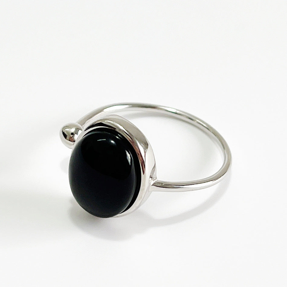 Punk Geometric Oval Black Agate Inlay Plated 925 Sterling Silver Ring for Women