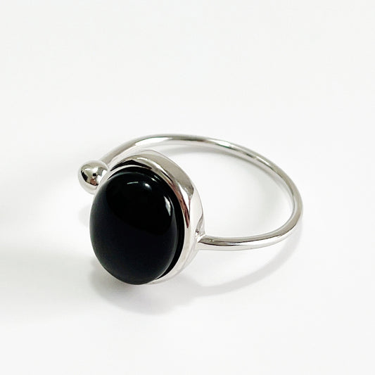 Anillo de Plata de Ley 925 Bañado con Incrustaciones de Ágata Negra Ovalada Geométrica Estilo Punk para Mujer