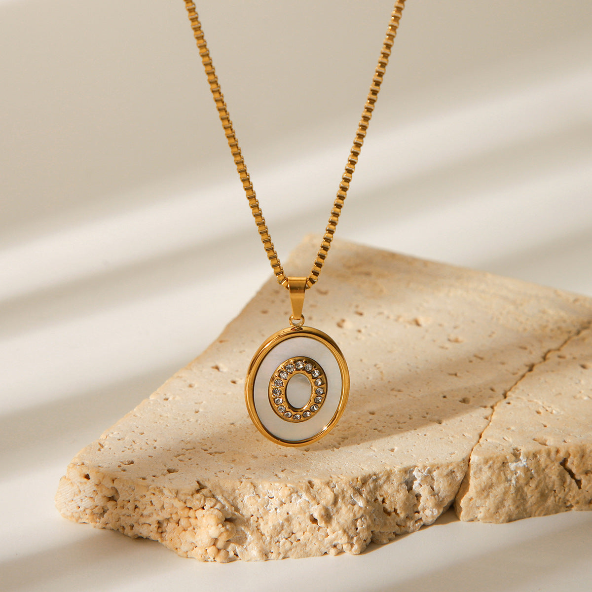 Trendy Geometric 18K Gold Plated Stainless Steel Necklace with White Mother of Pearl Inlay Box Chain