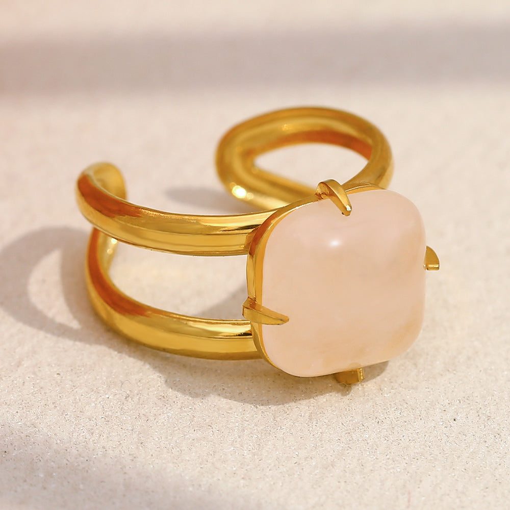 Fashionable French-Style Geometric Stainless Steel Plated 18K Gold Pink Jade Open Ring for Women
