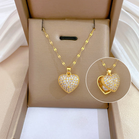Luxury Titanium Steel Heart Pendant Necklace with Pearl and Shell Accents for Women and Men