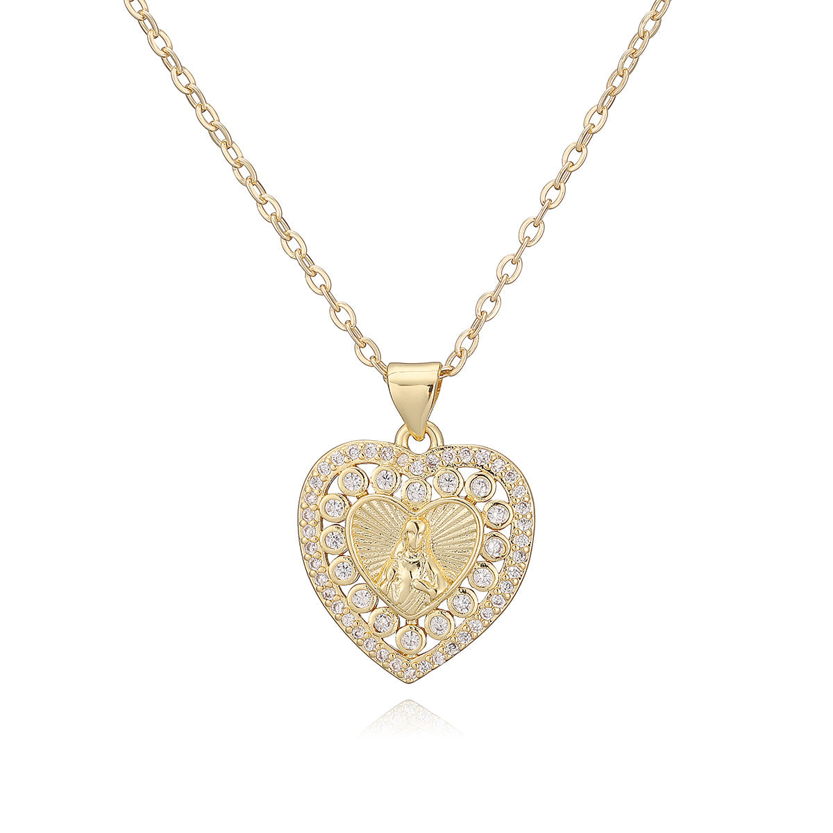 Vintage Minimalist Heart Brass Gold Plated Cubic Zirconia Maria Pendant Necklace