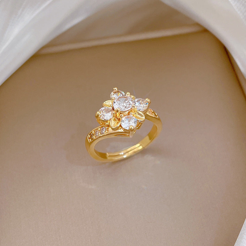 Sweet Gold Plated Floral Cubic Zirconia Adjustable Ring for Women and Men