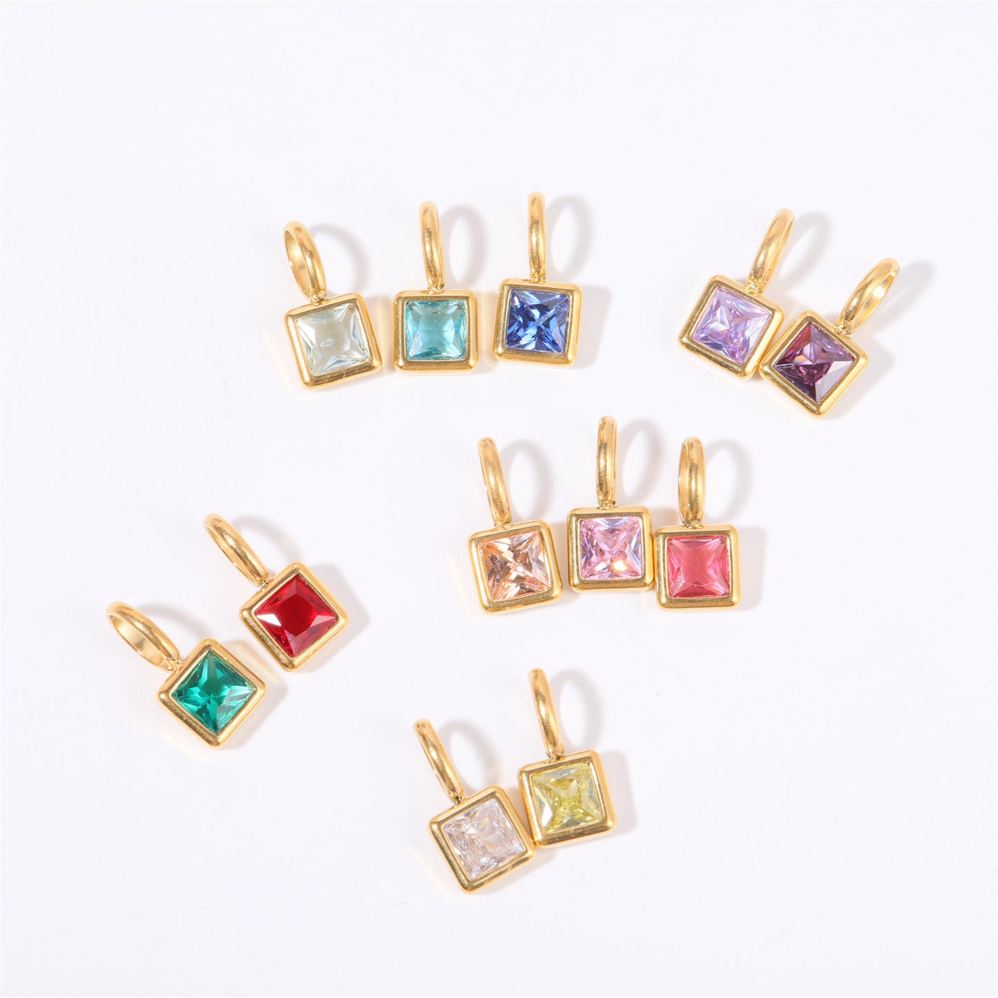 Minimalist Square Titanium Steel Gemstone Pendant with Cubic Zirconia Inlay DIY Charm Bar Necklace for Women