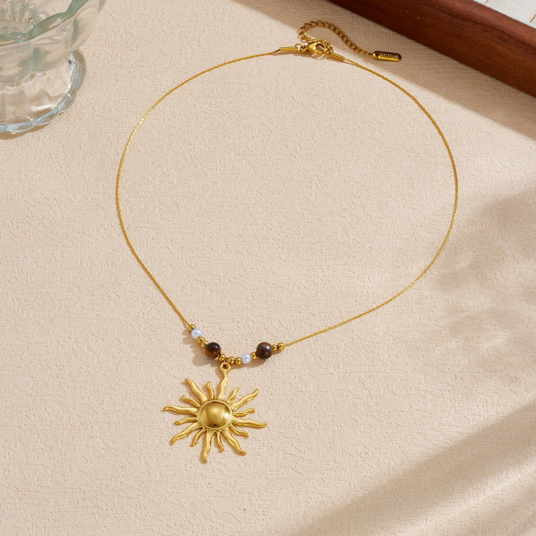 Bohemian Vintage Gold Plated Polished Sun Pendant Stainless Steel Snake Chain Necklace for Women