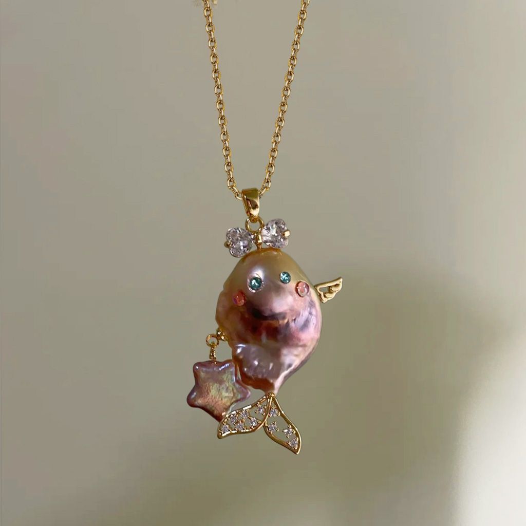 Vintage Ocean-Themed Fish Pendant Necklace in Titanium Steel with Plated Finish for Women