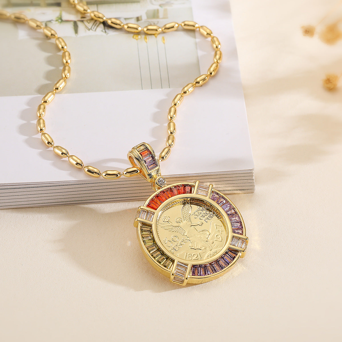 Minimalist Geometric Pendant Necklace for Women with Copper Base Plated in 18K Gold and Zircon Inlay
