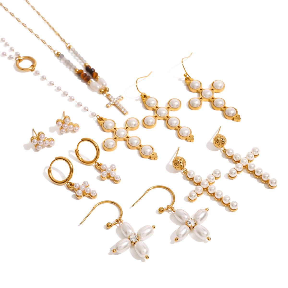 Elegant Cross Pearl Inlay Plated Stainless Steel Earrings for Women