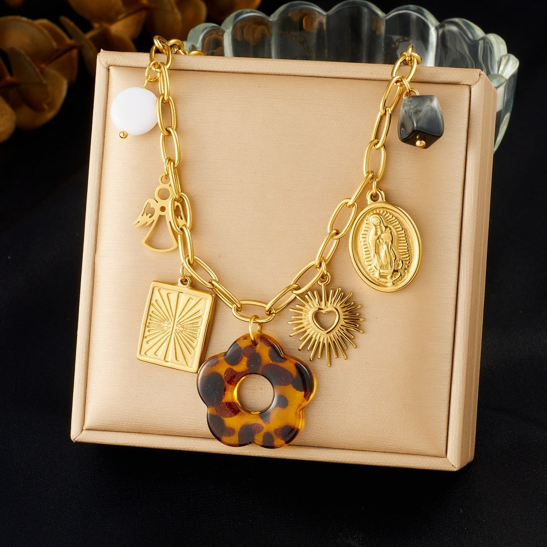 Vintage Gold Plated Stainless Steel Floral Square Oval Leopard Print Pendant Necklace