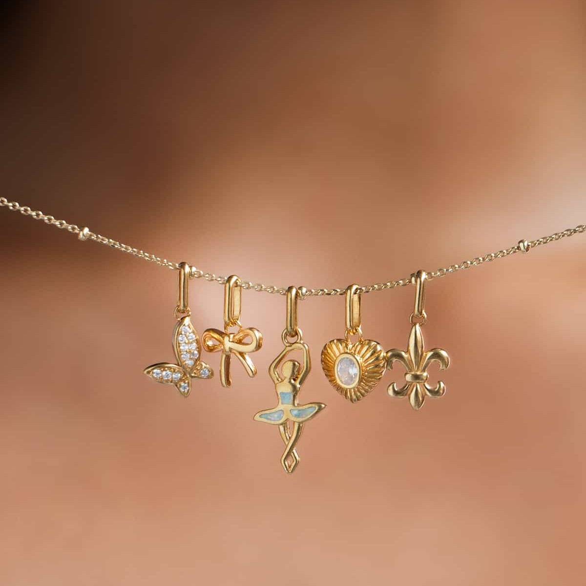 Vintage 18K Gold Plated Stainless Steel DIY Charm Bar with Geometric Heart Butterfly Pendants on Ball Chain
