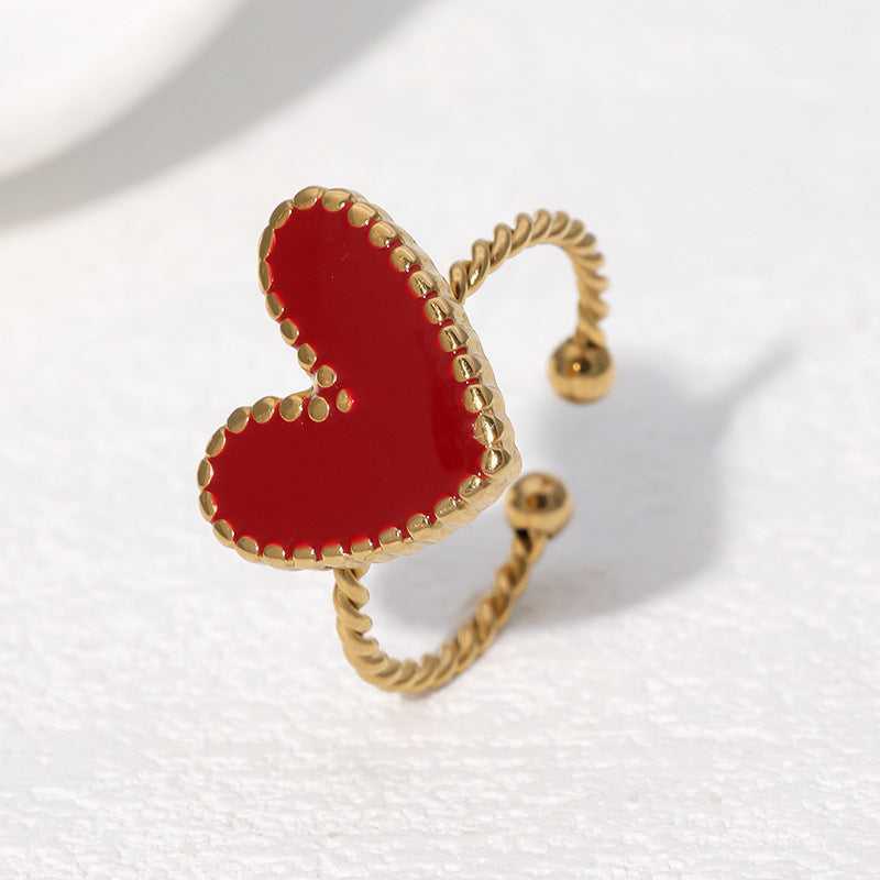 Luxury Style Heart-Shaped Enamel Stainless Steel Ring for Women with Plated Finish