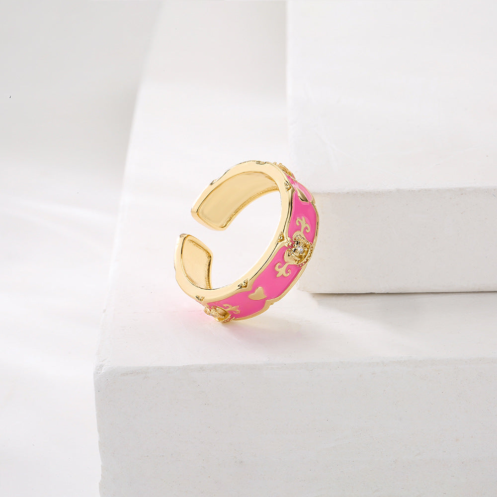 Minimalist Geometric Copper Ring with 18K Gold Plating, Enamel Crown Design and Zircon Inlay for Women