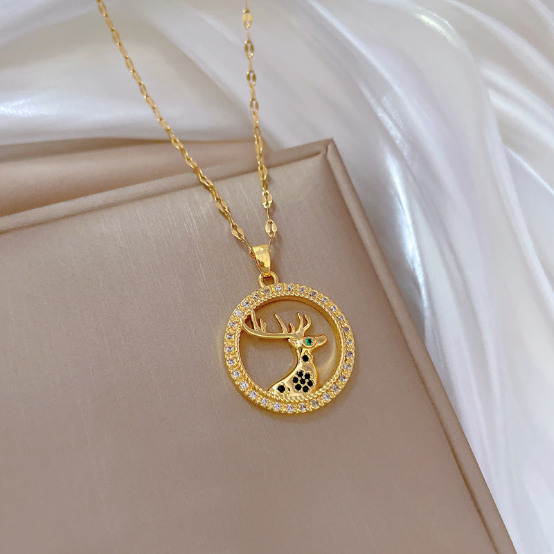 Minimalist Geometric Lucky Deer Pendant Necklace for Women and Men Stainless Steel Snake Chain with Rhinestone Accents
