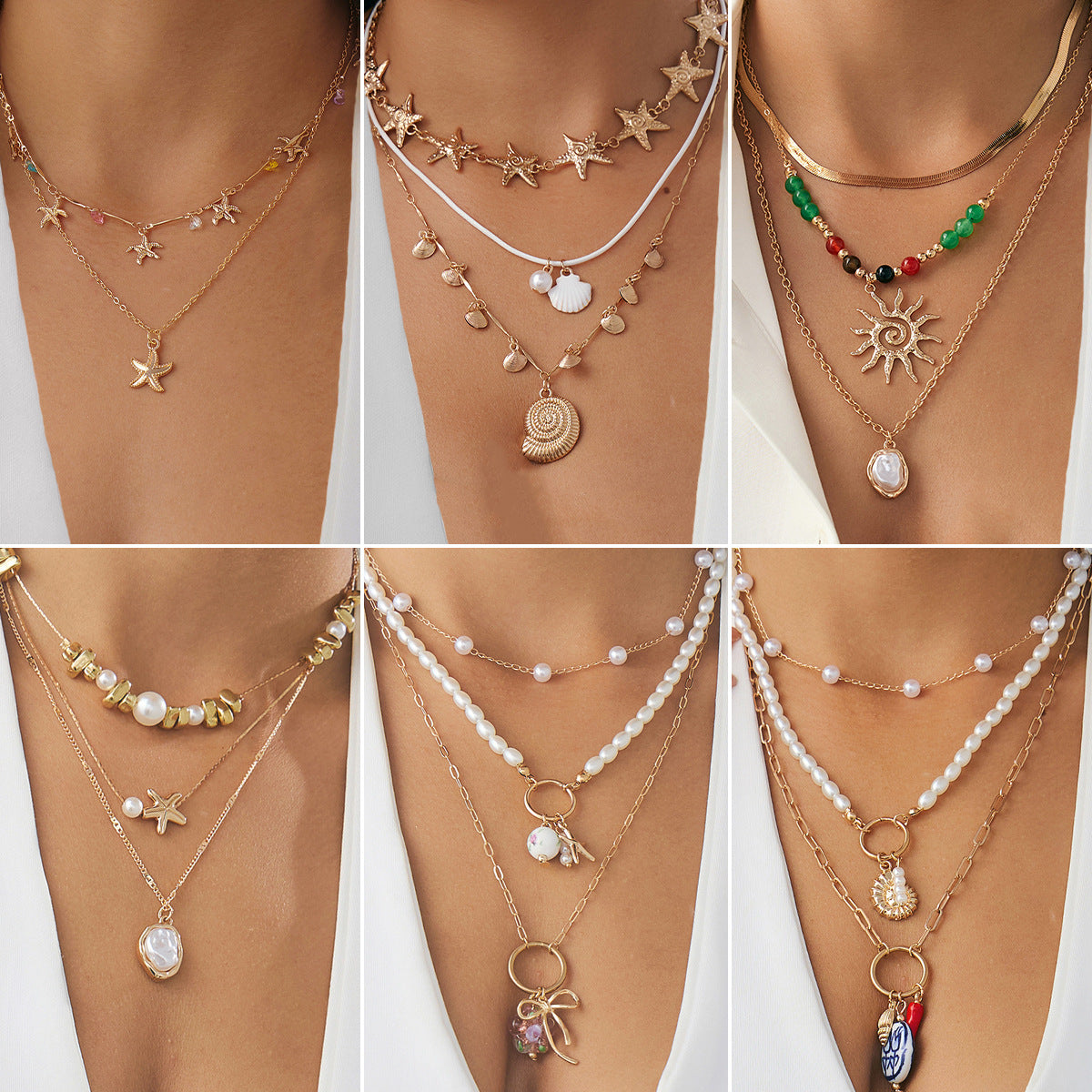 Collana girocollo con ciondolo a stella e a cuore in lega, perle imitate e nappe, stile vacanza