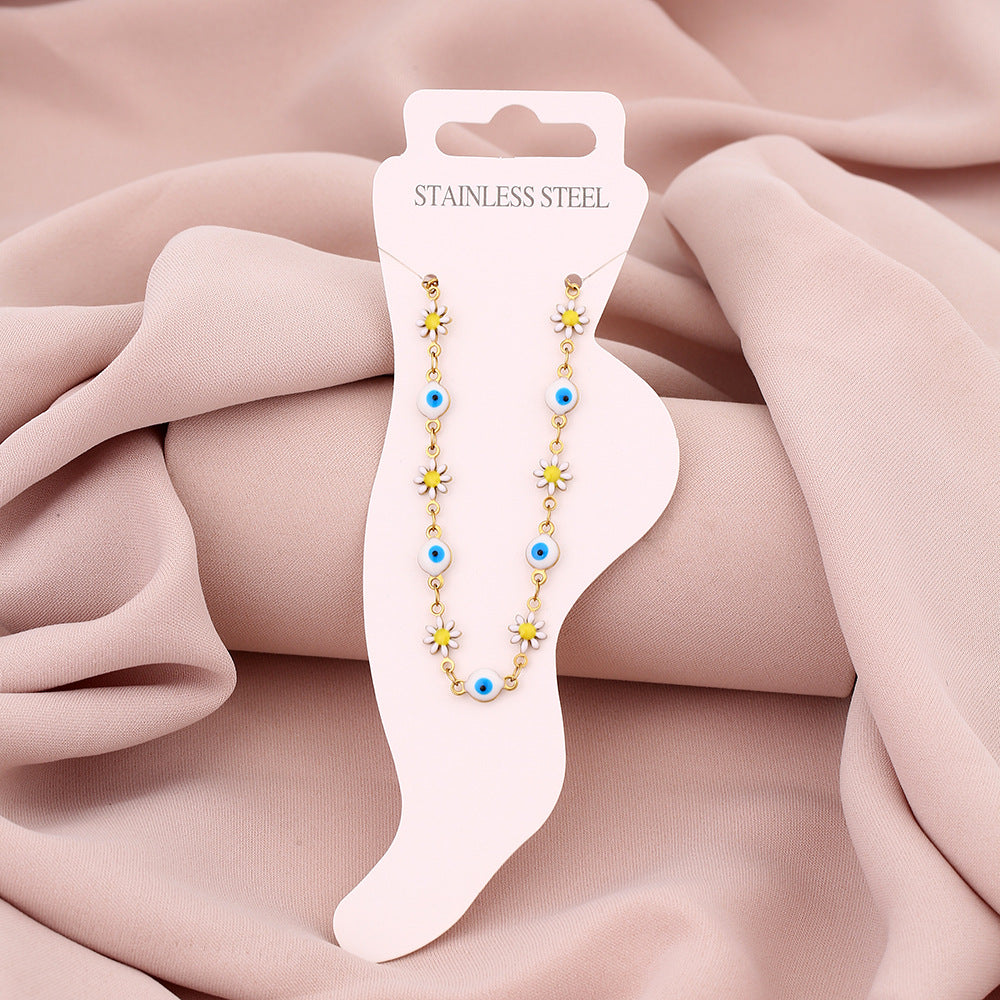 Elegante cavigliera geometrica in acciaio inossidabile da donna con motivo a petalo e occhio, accessorio di moda di lusso minimalista