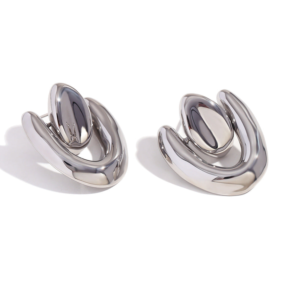 Geometric Irregular Fashion Earrings in Stainless Steel with 18K Gold Plating Featuring Spiral Seashell Design and Simulated Pearl Accents