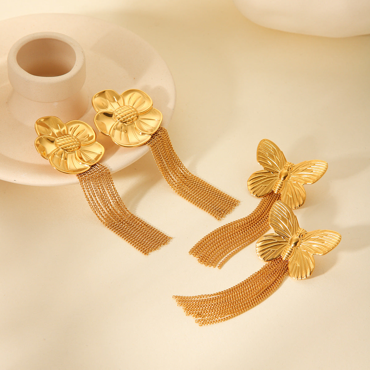 Minimalist Sunflower and Butterfly Dangle Earrings for Women in Stainless Steel with Plated Finish