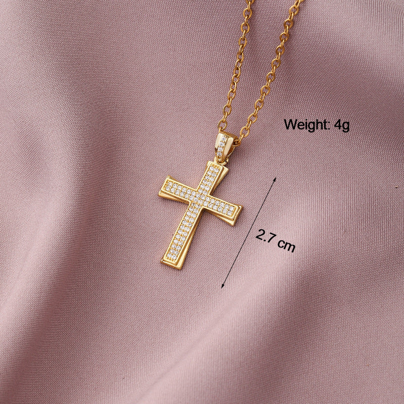 Collar Minimalista de Cobre con Colgante de Cruz e Incrustaciones de Pedrería en Cadena O para Uso Unisex