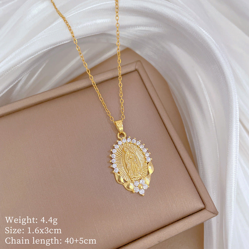 Minimalist Lotus Face Pendant Necklace in Titanium Steel with Rhinestone Inlay for Women and Men, Adjustable Clavicle Chain