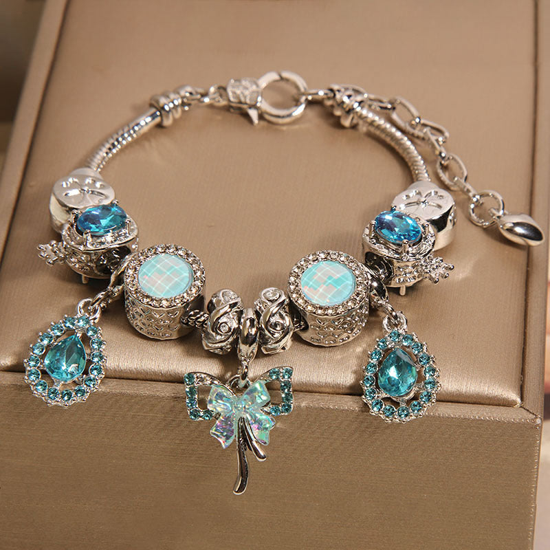 Minimalist Luxury Blue Crystal Teardrop Butterfly Charm Bracelet for Women
