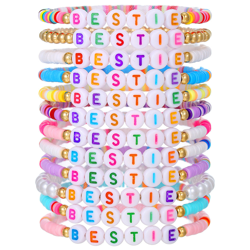 Bohemian Colorful Resin Letter Beaded Bracelet with Brass Accents