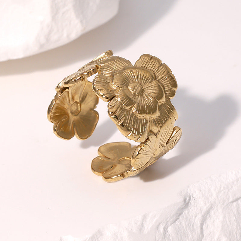 Minimalist Floral Open Ring in Stainless Steel with 18K Gold Plating for Women