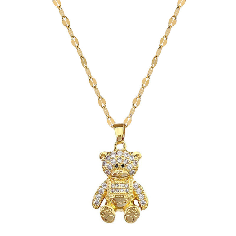Collana con ciondolo a orso minimalista in acciaio inossidabile con intarsio in strass, delicata catena clavicola per donne e uomini