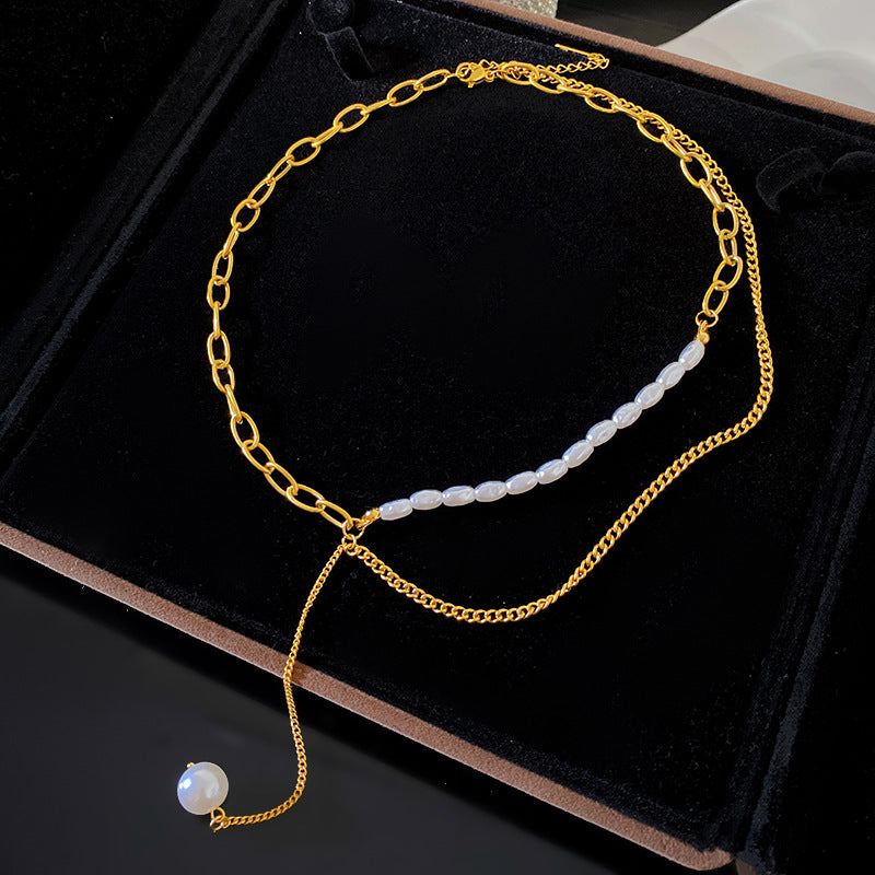 Sweet Oval Round Titanium Steel Plated Long Tassel Necklace with Bar Clasp