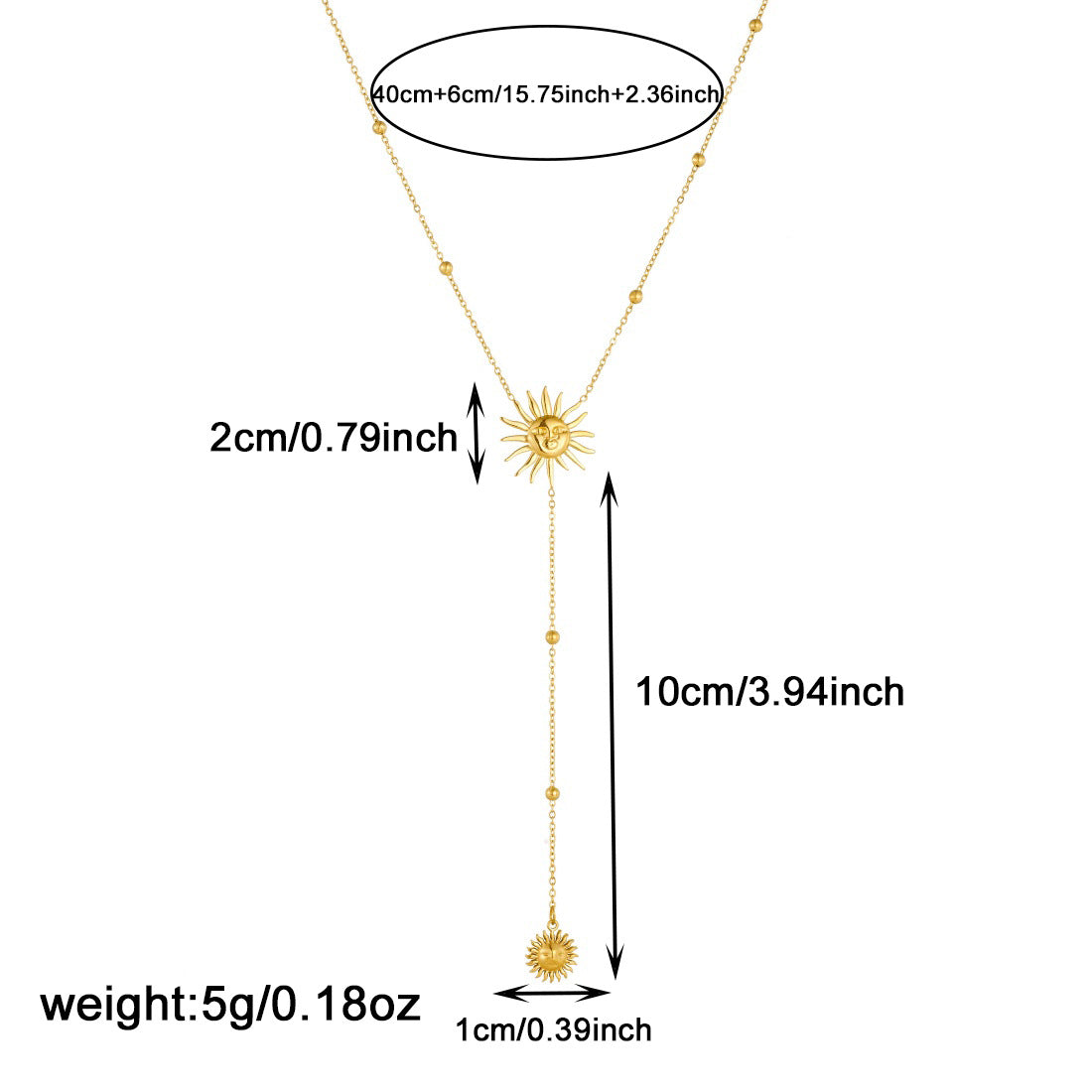 Vintage Gold Plated Stainless Steel Sun Face Tassel Y-Shape Necklace for Women
