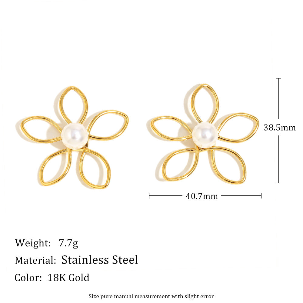 Set di orecchini e bracciale in acciaio inossidabile con placcatura in oro 18 carati e perle simulate, motivo floreale di ispirazione vintage