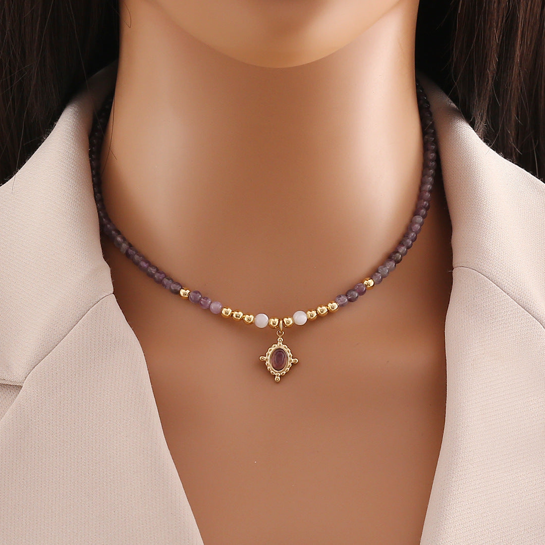 Original Design Geometric Natural Stone Beaded Necklace with Stainless Steel Clavicle Chain for Women