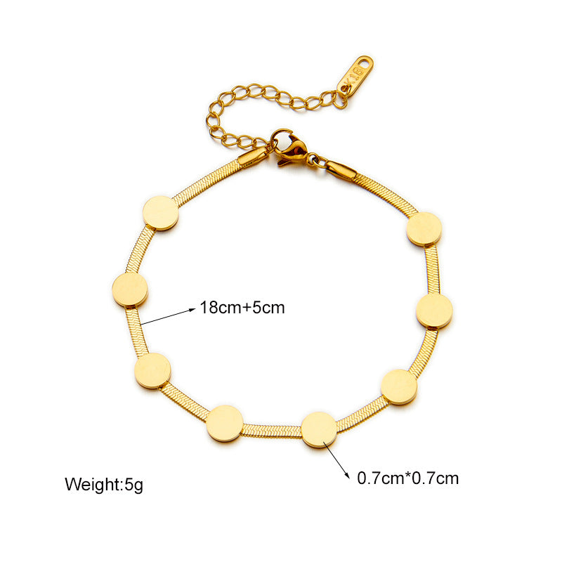 Elegante set minimalista de pulsera y collar de cadena de serpiente para mujer de acero de titanio chapado en oro con colgantes de disco redondo
