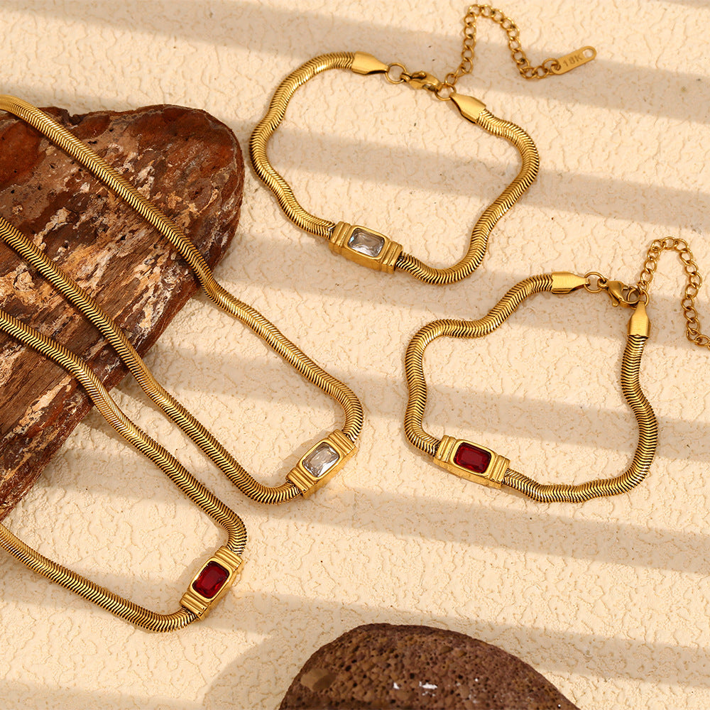 Vintage Hip Hop Geometric Stainless Steel Plated 18K Gold Snake Chain Necklace with Zircon Accents for Women