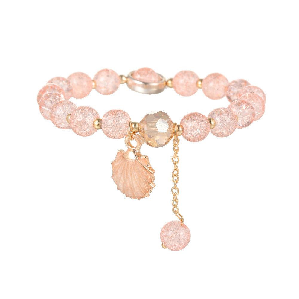 Sweet Natural Round Glass Beaded Bracelet with Drip Oil Starfish Shell Swan Charms and Crackle Texture