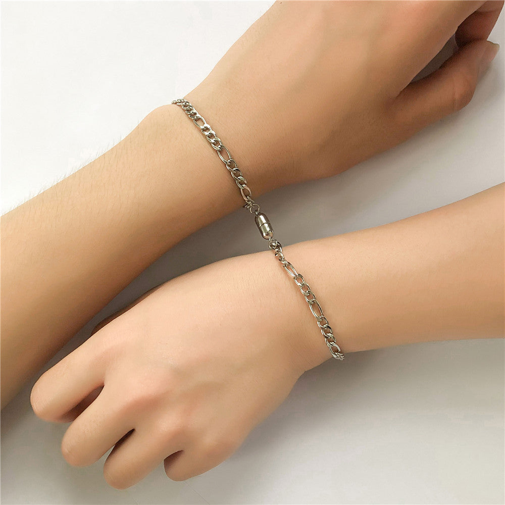 Minimalist Geometric Lock and Key Magnetic Couple Bracelet Set Alloy Plated