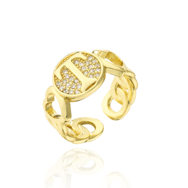 18K Gold Plated Brass Micro-Paved Cubic Zirconia Heart Letter Cuban Link Chain Open Ring for Women
